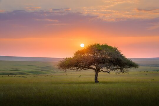 A lone tree silhouetted against a vibrant african sunset in the serene landscape scene