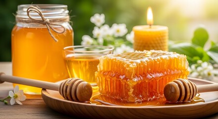Illustration of fresh honey in honeycomb and jar with candle and dippers