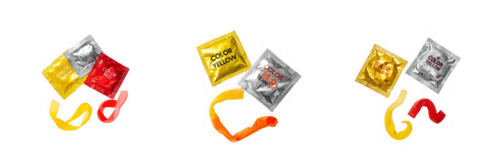 Three colorful diamond shaped candy wrappers with ribbons isolated on transparent background