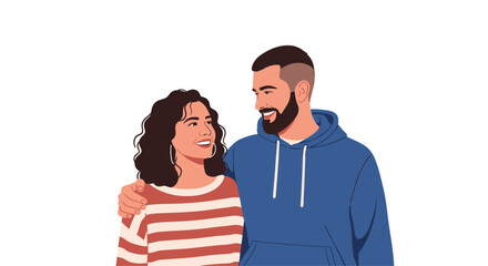 Happy and smiling young couple in a loving embrace looking at each other in a beautiful and realistic vector portrait.