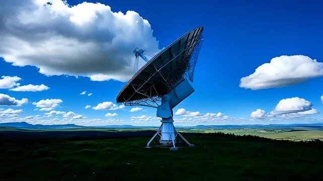 Dynamic satellite dish tracking signal on lush green field under sunny blue sky