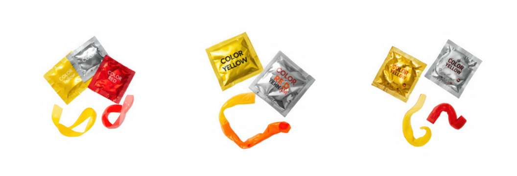 Three colorful diamond shaped candy wrappers with ribbons isolated on transparent background