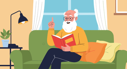 Wise elderly man with a white beard sitting on a sofa and reading a book while sharing an idea or telling a story.