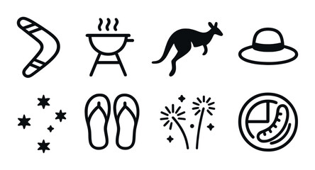 Australian icons: boomerang, kangaroo, bbq, hat, stars, flip flops, fireworks, sausage