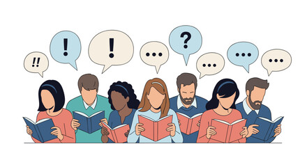 Diverse group of people reading books together with various speech bubbles above their heads representing a book club discussion.