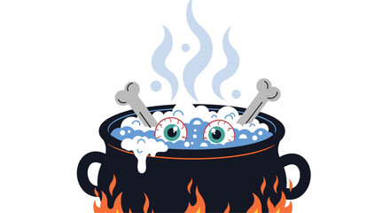 Cartoon witch's cauldron boiling over a fire with a bubbly potion containing eyeballs and bones isolated on a white background.