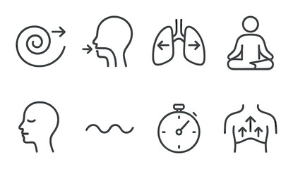 Breathing techniques icons: meditation, mindfulness, relaxation, lung health