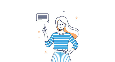 Young woman in a striped shirt pointing her finger up at a speech bubble with an idea or message on a white background.