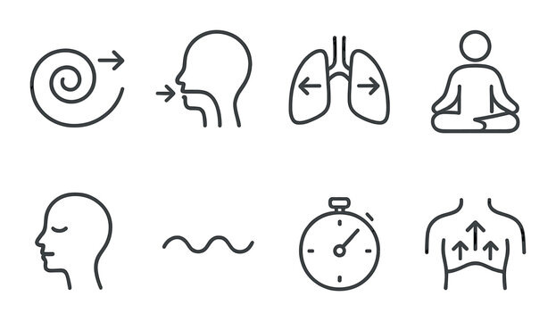 Breathing techniques icons: meditation, mindfulness, relaxation, lung health