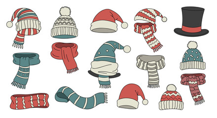 Large collection of hand-drawn winter hats and scarves including beanies Santa hats and a top hat for cold weather apparel.