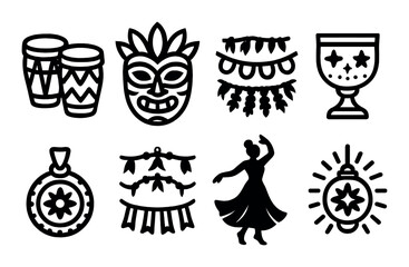 Silhouette symbols of latin american culture: dance, masks, drums, and decorations