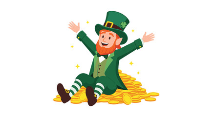 Cheerful cartoon leprechaun in a green top hat sitting happily on a large pile of gold coins for St Patrick's Day.