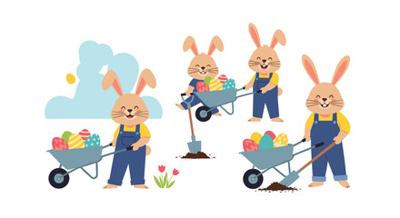 Set of cute cartoon Easter bunny characters in overalls with a wheelbarrow full of colorful decorated Easter eggs for spring.