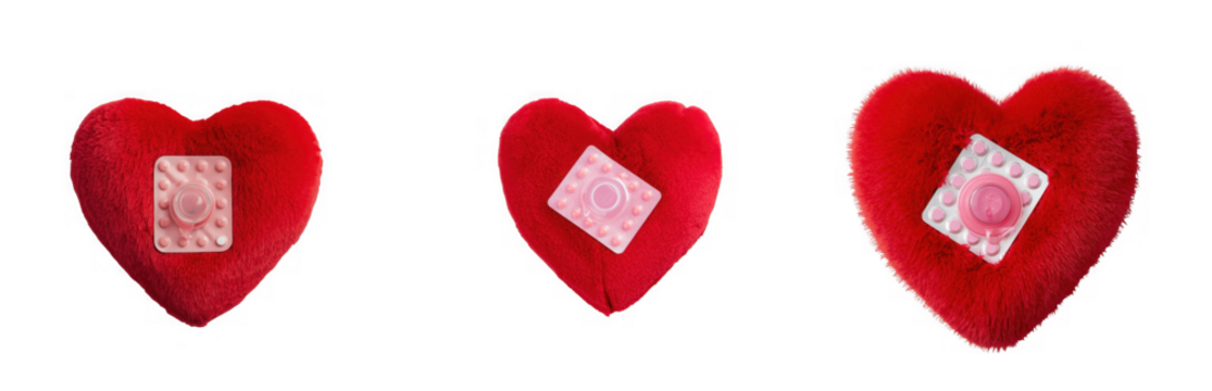 Three red heart shapes with white bandages applied to their surfaces isolated on transparent background