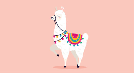 Cute white llama character with closed eyes wearing a colorful traditional harness and saddle against a solid pink background.