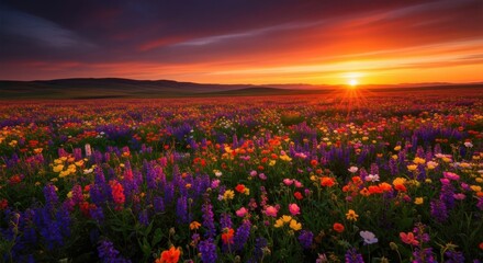 Vibrant wildflower meadow at sunset colorful wildflowers in full bloom creating a scenic landscape