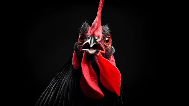 Majestic rooster struts with vibrant red comb against pure black background beauty