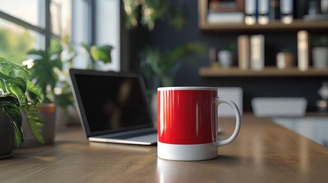 Coffee mug laptop books office interior