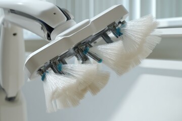 Close up of robotic cleaning head with white brushes in a sterile environment
