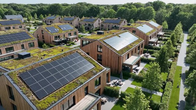 Aerial View of Sustainable Eco Friendly Housing with Green Roofs and Solar Panels.