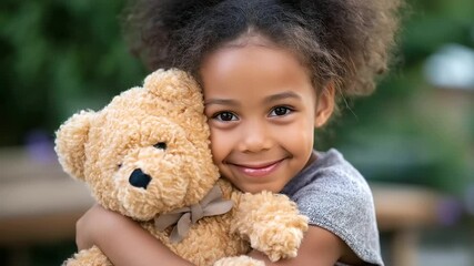 Smiling black girl hugging teddy defocused bear with bow, faceless happy child, plush toy visualization detail, blurred park background, gift concept, cute interface, embrace displ - Powered by Adobe