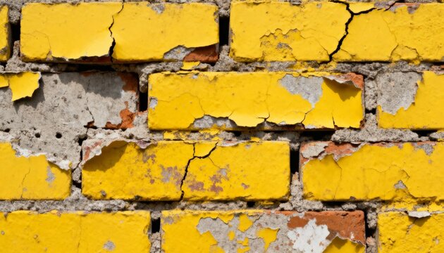 Vibrant yellow brick wall texture with peeling paint and cracked surface detail, conveying a sense of age and urban decay for abstract backgrounds. - Powered by Adobe