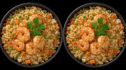 Golden Fried Rice with Juicy Shrimp in Dark Bowl