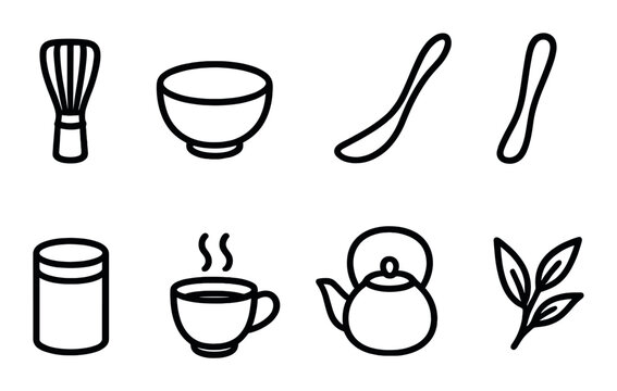 Minimalist icons of traditional tea ceremony tools on black background