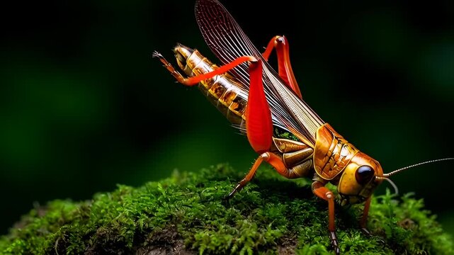 Vibrant grasshopper exploring mossy terrain in stunning detail, nature unfolds
