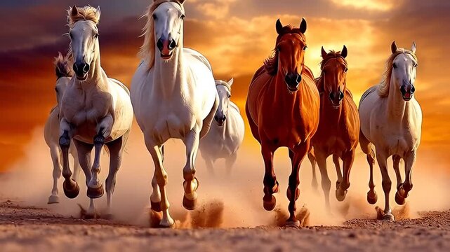 Wild horses galloping across desert landscape in stunning golden sunset light