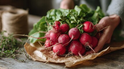 Fresh Harvest of Red Radishes on Rustic Wooden Table for Farm-to-Table Cooking