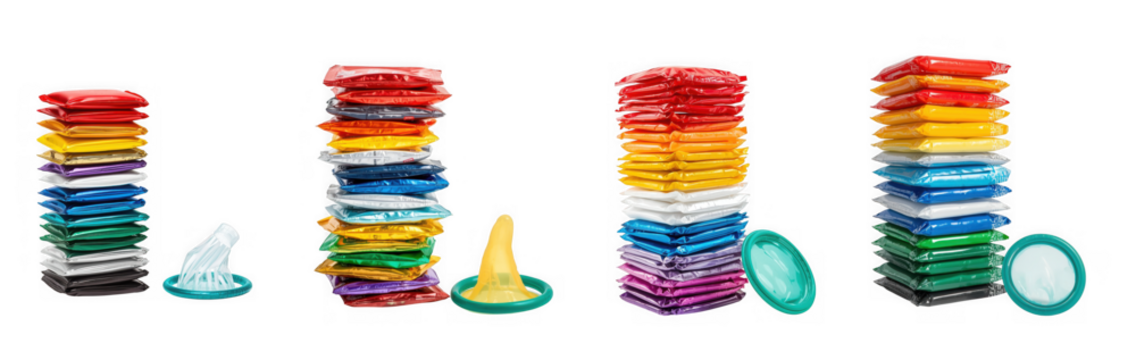 Colorful stacked building blocks and toys arranged in towers on a transparent background isolated on transparent background