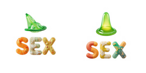 Two green phallic shaped objects above the word sex in colorful alphabet soup isolated on transparent background