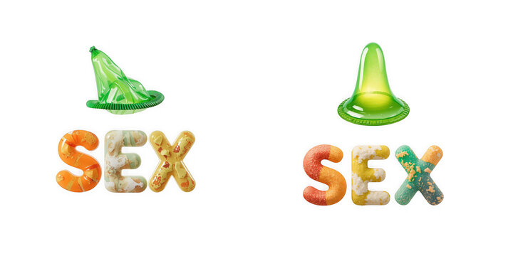 Two green phallic shaped objects above the word sex in colorful alphabet soup isolated on transparent background