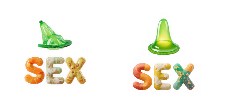 Two green phallic shaped objects above the word sex in colorful alphabet soup isolated on transparent background