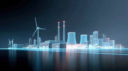 Illustrations of various power generation devices and new power systems against a blue background.