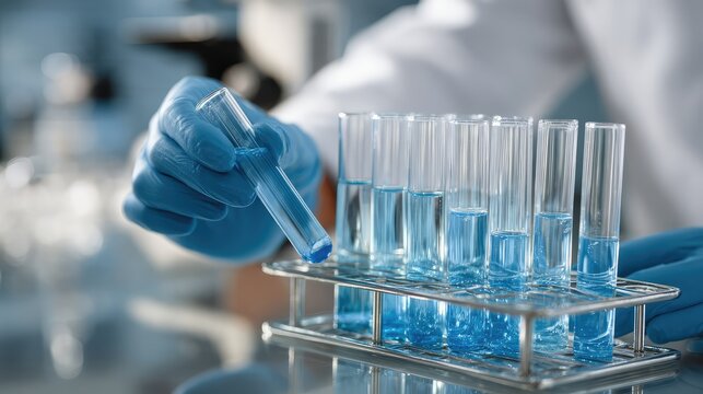 Scientist handling test tubes with blue liquid