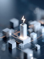 Illuminated battery icon on circuit board: power and energy storage concept