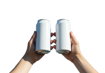 Clean, well-manicured fair-skinned hands presenting two identical, blank white aluminum beverage cans with silver tops against a vibrant blue sky, product advertising concept for brand potential