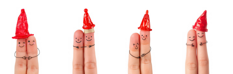 Four creative fingers with drawn faces and red party hats isolated on transparent background