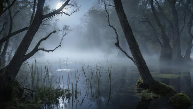 Eerie swamp landscape with fog and dark trees.