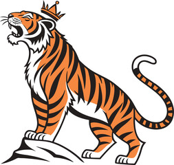 Majestic tiger wearing a crown roars on a rock, symbolizing power and authority
