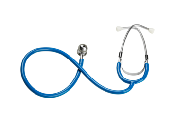 Blue-tubed stethoscope for health pros, isolated on white, PNG