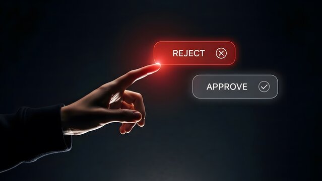 Finger pressing the reject button on a digital interface