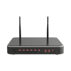 Detailed depiction of a cable modem router with smooth surfaces and subtle digital accents, isolated on transparent background, PNG Cutout