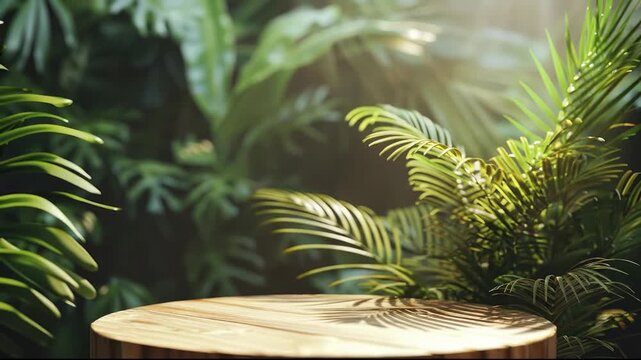 A round wooden podium stands amidst lush sunlit tropical foliage with leaf shadows cast upon its surface