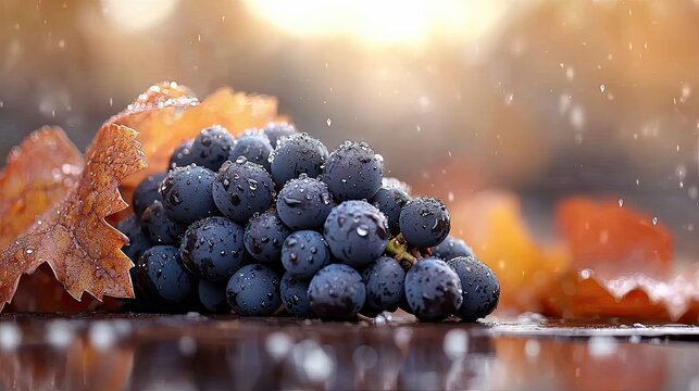 A close-up of a bunch of dark grapes covered in water droplets, with dry autumn leaves and a blurred background of warm light.