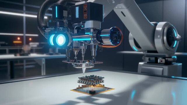 Robotic Arm Assembling Microchip Components in a Futuristic Factory Setting Keywords: robotic arm, automation, microchip, assembly