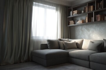 Fototapeta premium Elegant living room with gray sofa curtains and bookshelf bathed in soft light