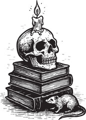 skull with candle and books vector illustration